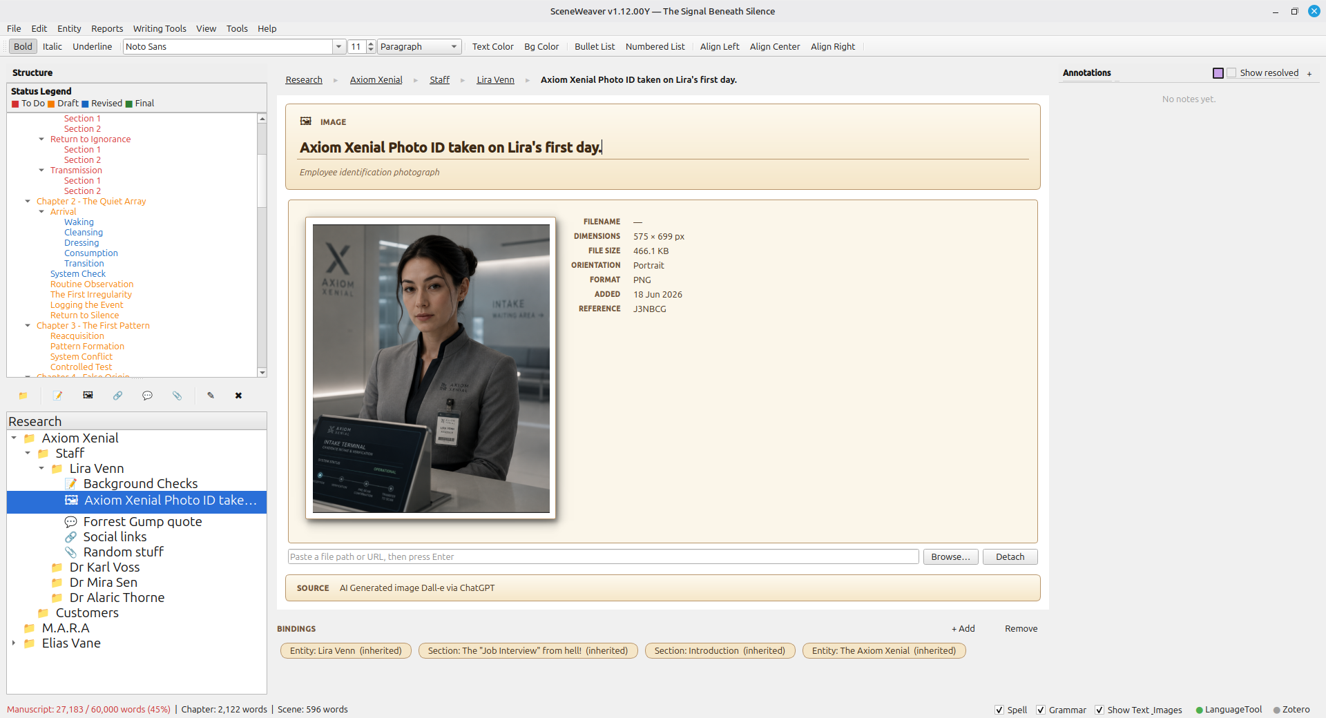 Research Library panel showing folders of notes, images, links, and quotations bound to specific scenes